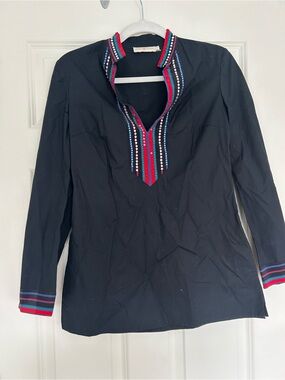 Tory Burch Black Tunic with Red, Blue & Pink Embroidered Trim